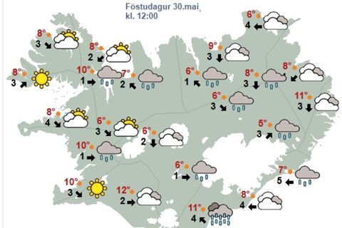 Kort Veðurstofunnar klukkan 12 í dag.