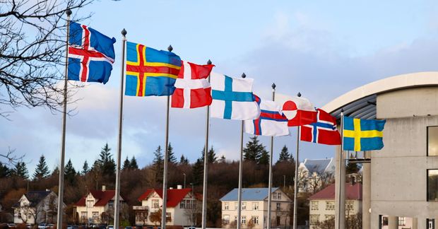 Fánar Norðurlandanna við Ráðhúsið í Reykjavík.
