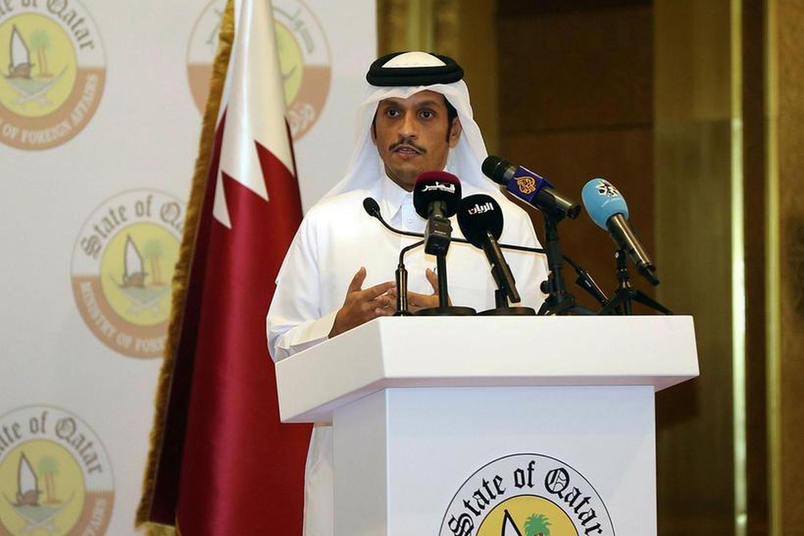 Utanríkisráðherra Katar, Sheikh Mohammed bin Abdulrahman Al-Thani, á blaðamannafundi í …
