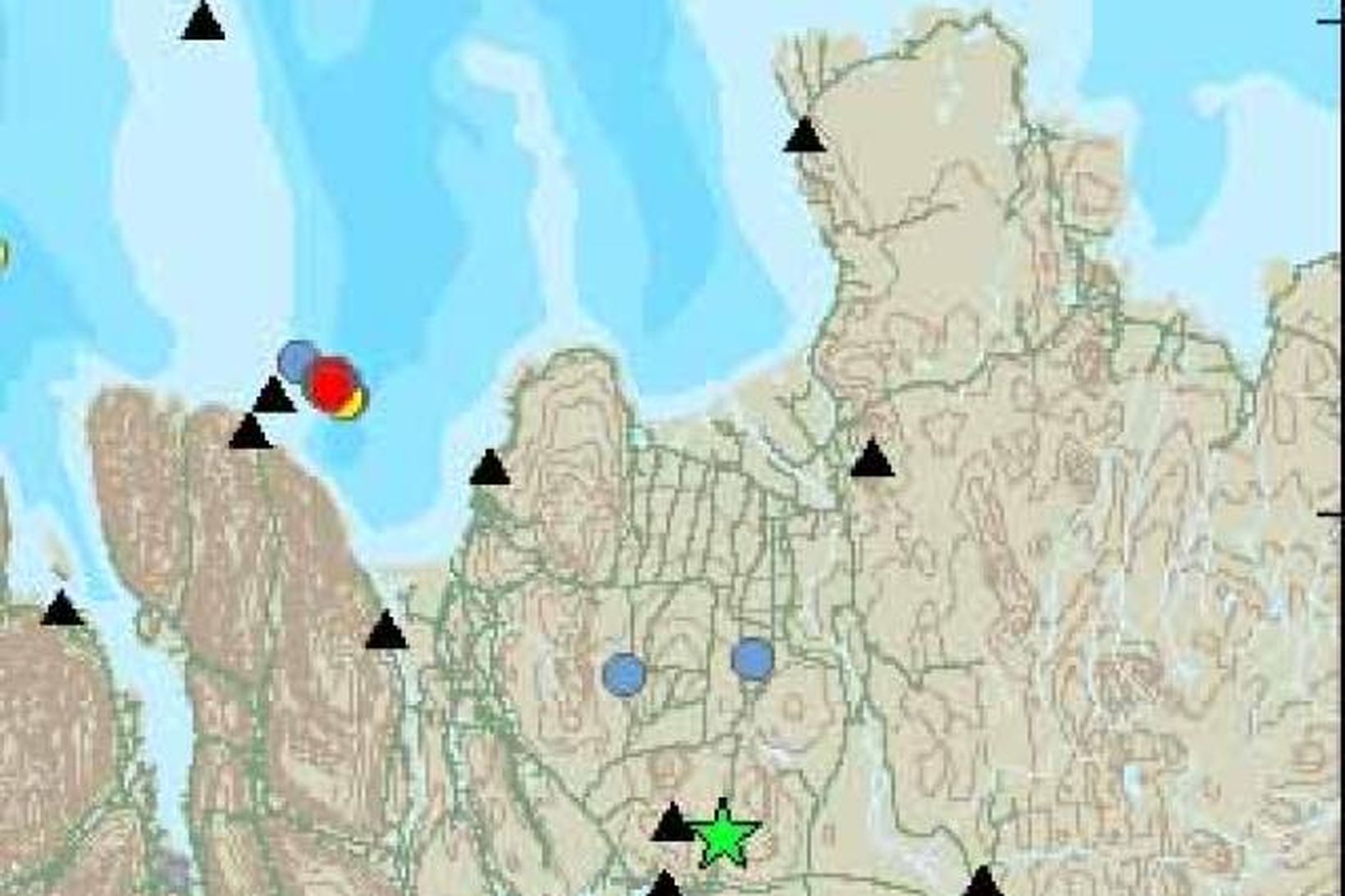 Upptök skjálftans eru merkt með grænni stjörnu.
