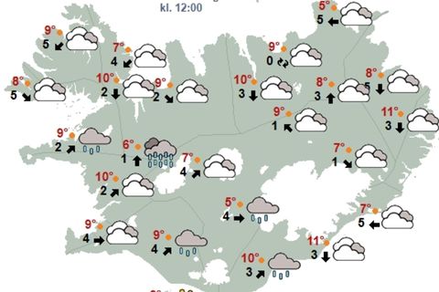 Kort Veðurstofunnar klukkan 12 á hádegi.
