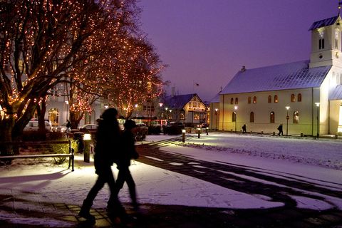 The Reykjavik Cathedral in winter snow. On the left you can see Austurvöllur Parliament square.