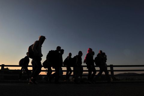 Refugees walk at the Greek-Macedonian border near the town of Idomeni, Northern Greece.
