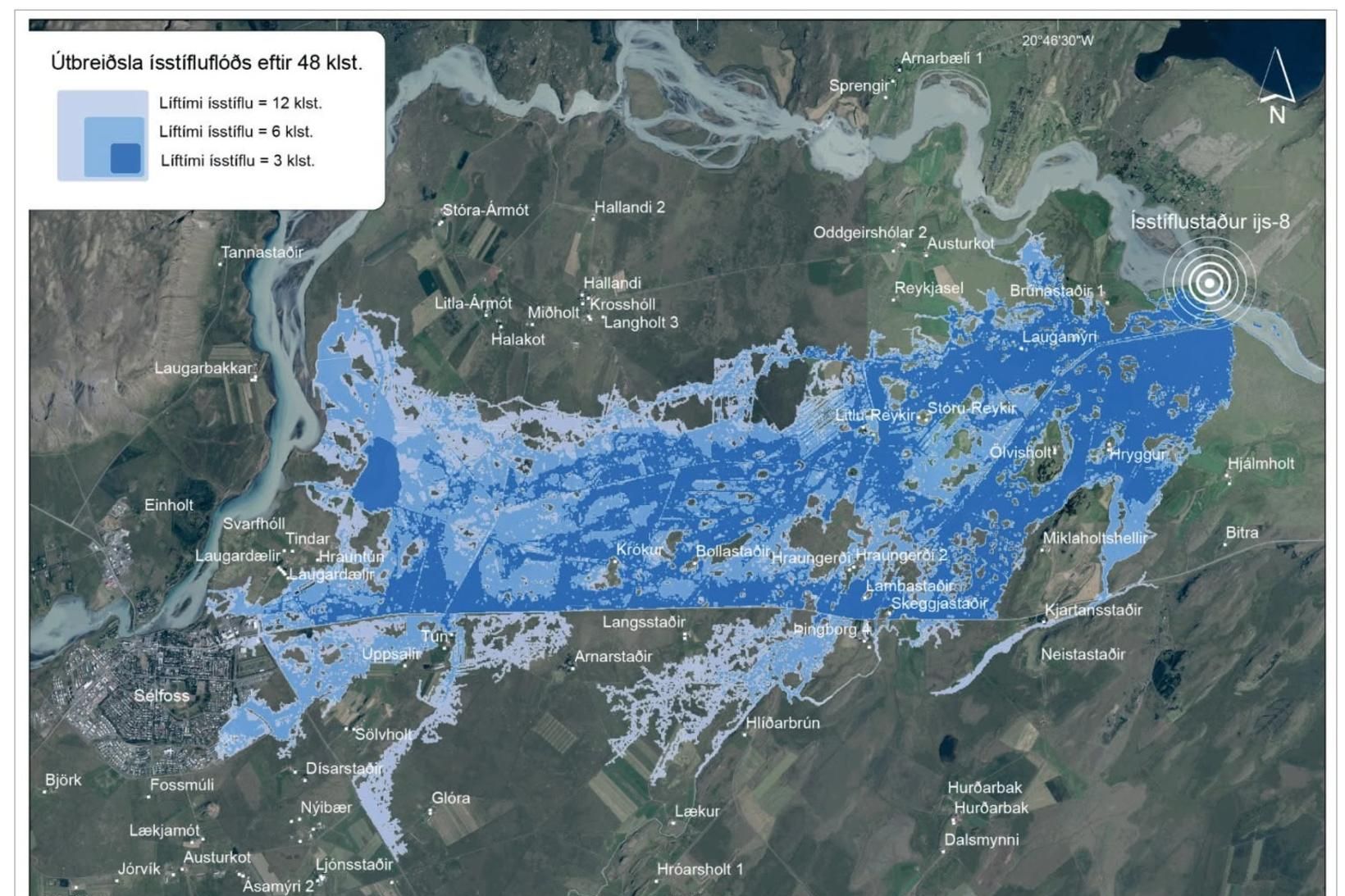 Kort sem sýnir útbreiðslu ísstífluflóðs við Kríutanga (ÍJS-8) og Langatanga …