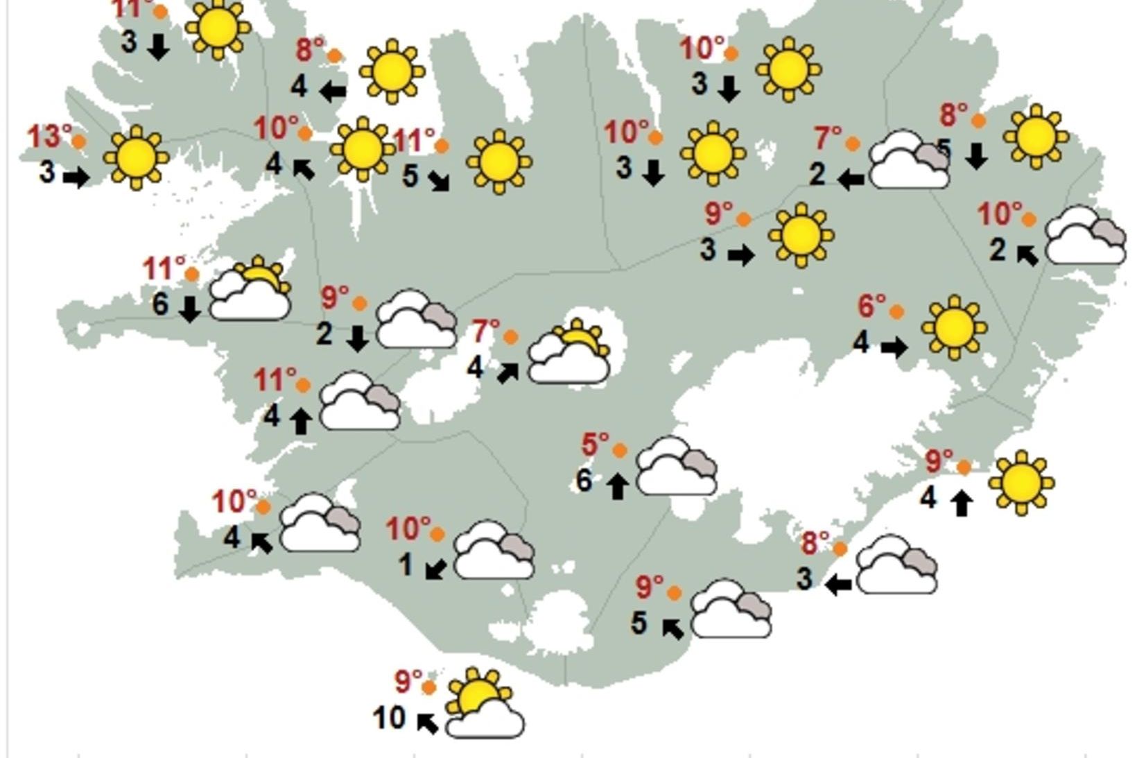 Kort Veðurstofunnar klukkan 14 í dag.