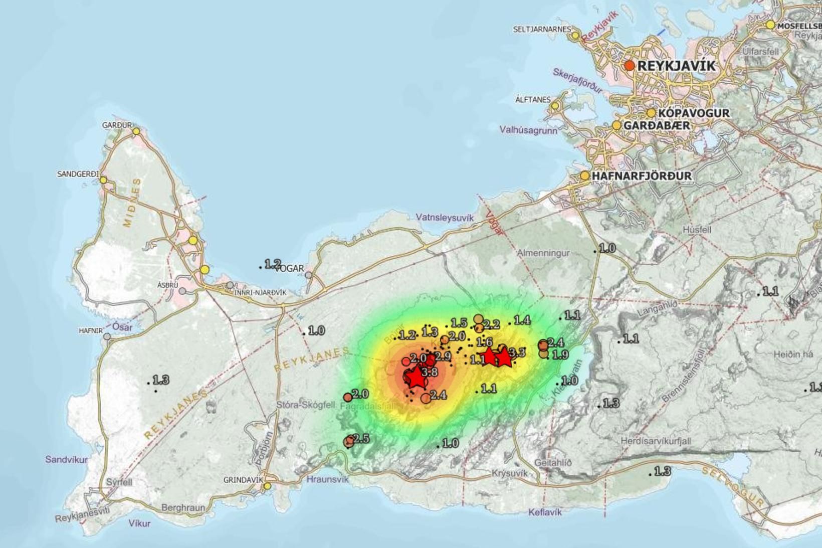 Skjálftarnir hafa flestir orðið rétt norðan við Litla-Hrút.