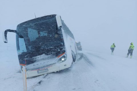 A bus was blown off the road in Hrútafjörður.