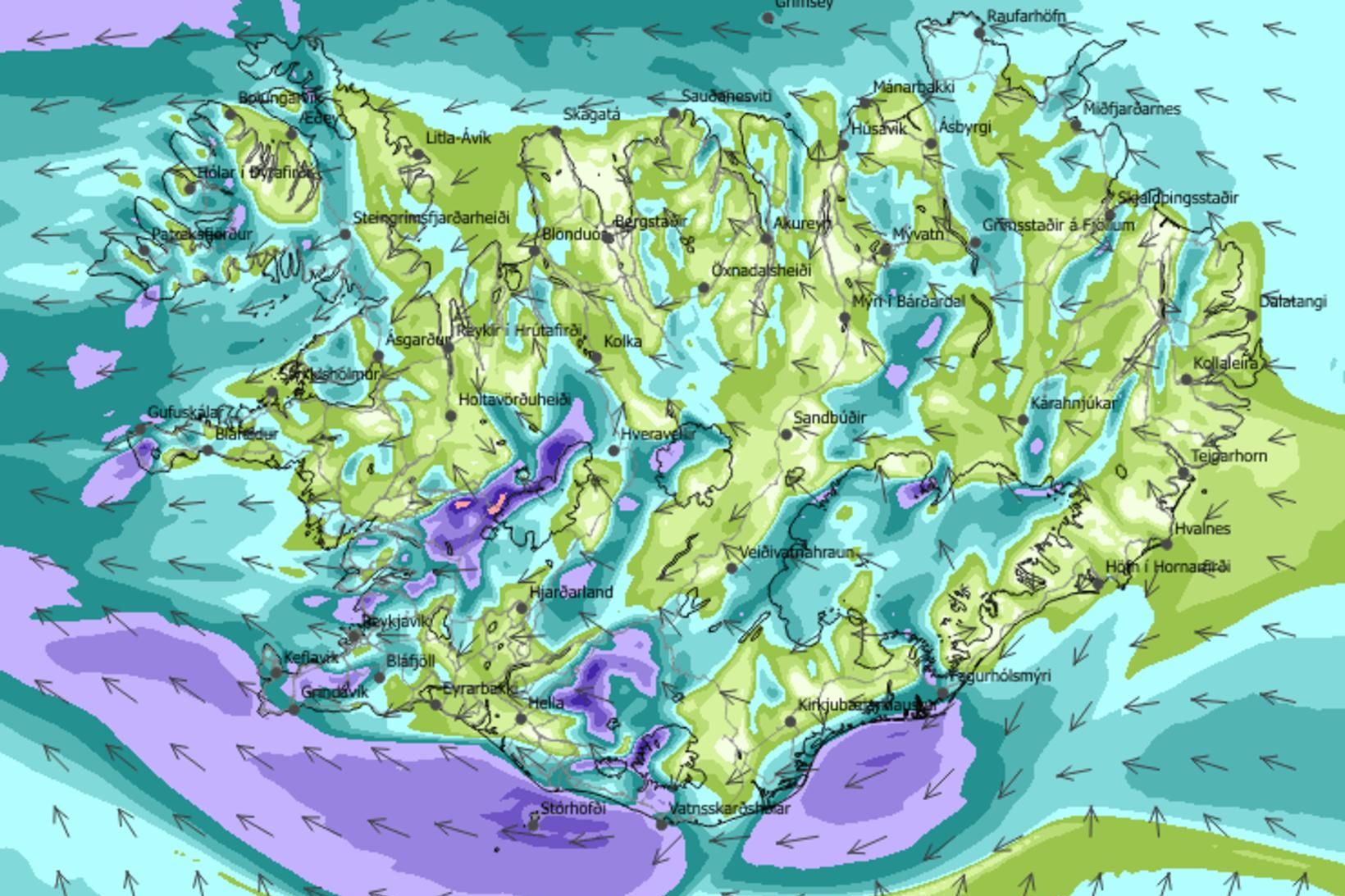 Svona lítur vindaspáin út í fyrramálið kl. 7.