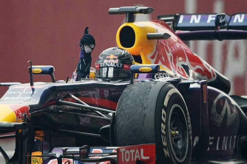 Vettel sigri hrósandi á innhring í Nýju Delhí.