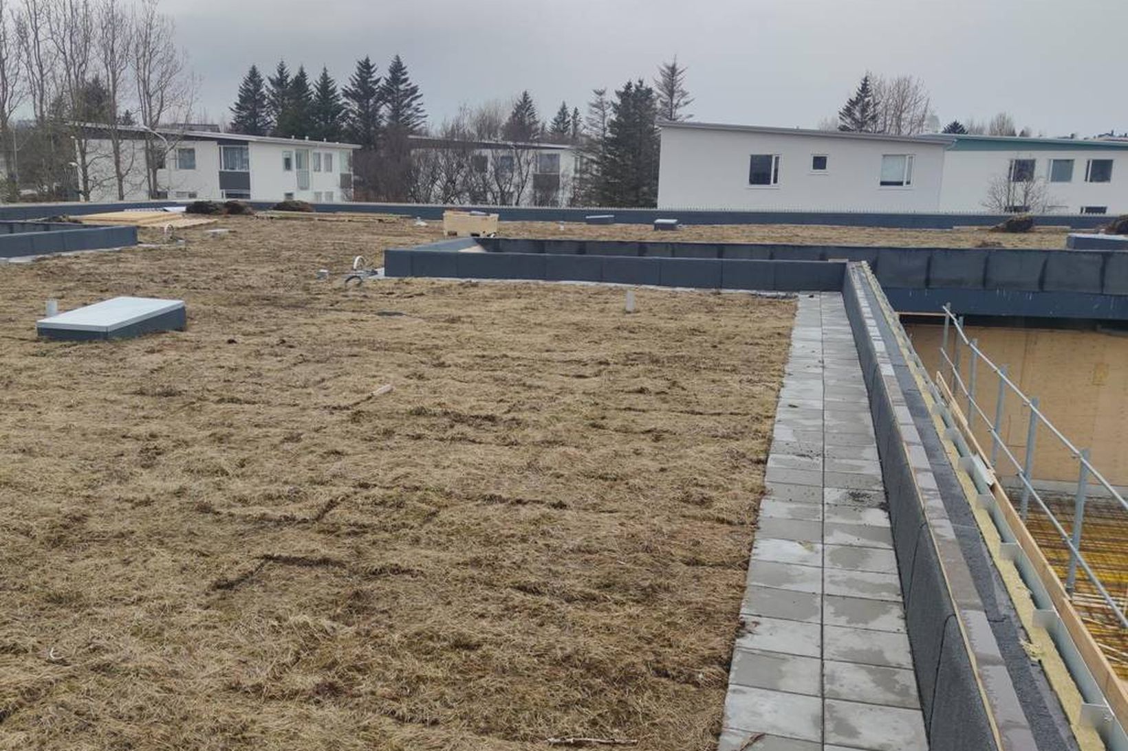 Eftir að hafa lagt ójárnbenta steypu á þakið var tyrft …