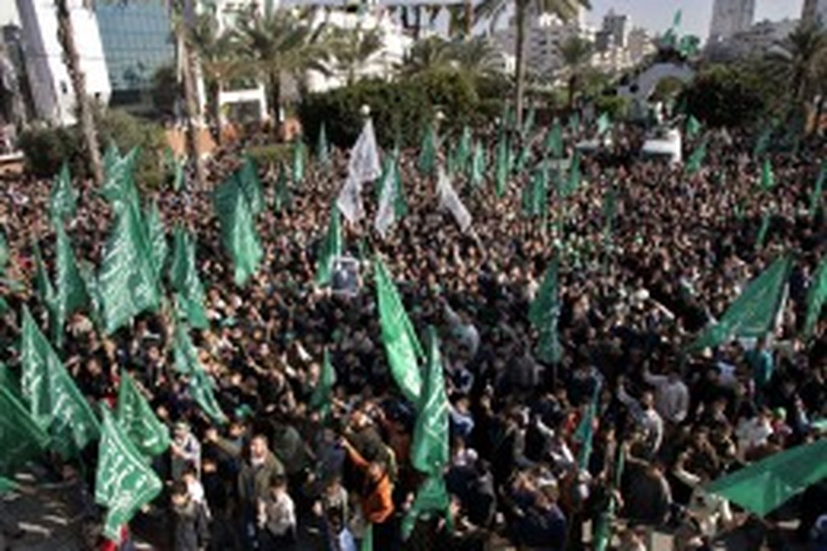 Frá fjöldafundi stuðningsmanna Hamas-samtakanna í Gasaborg í dag.