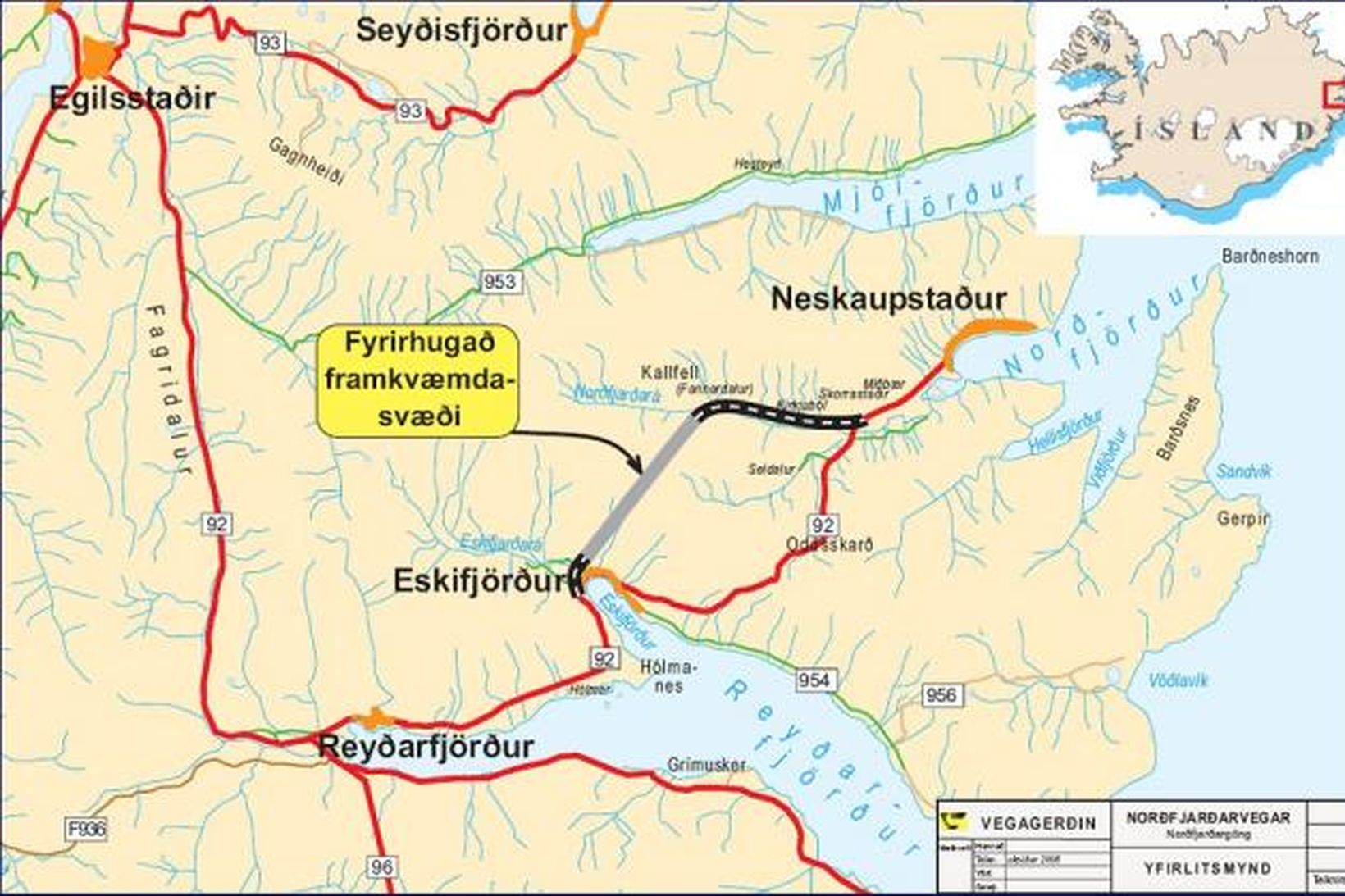 Fyrirhugað framkvæmdasvæði. Kortið er af netsíðu Vegagerðarinnar.