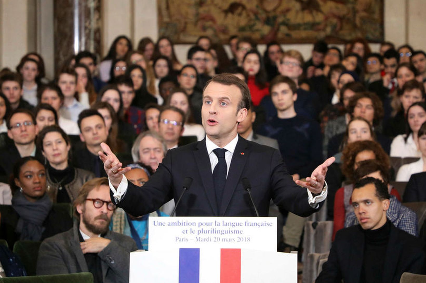 Emmanuel Macron Frakklandsforseti kynnir stefnu sína um útbreiðslu franskrar tungu.