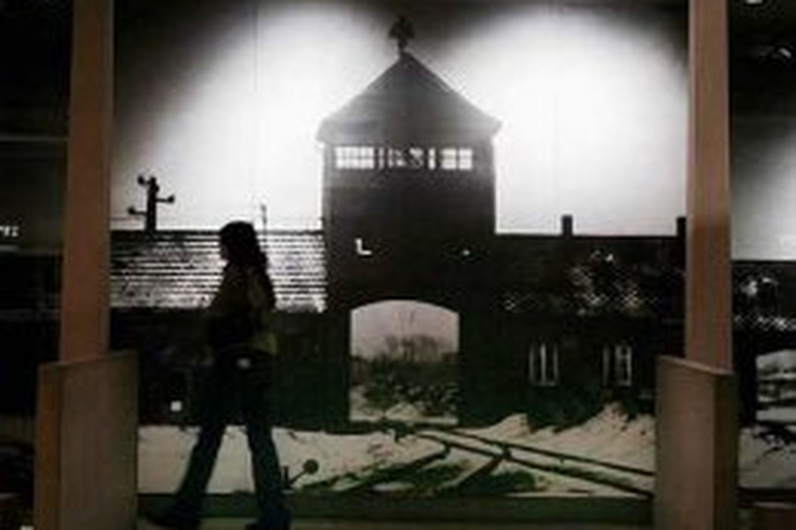 Gestur sést hér ganga fram hjá stórri ljósmynd af Auschwitz …