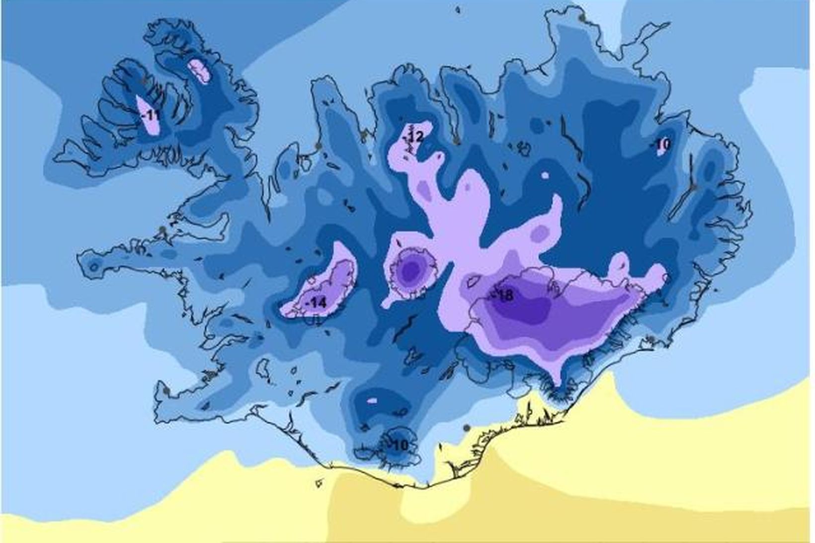 Hitaspá Veðurstofu Íslands sem gildir klukkan 9 í dag.