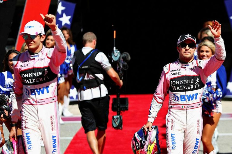 Esteban Ocon (t.v.) og Sergio Perez í Austin síðastliðinn sunnudag.