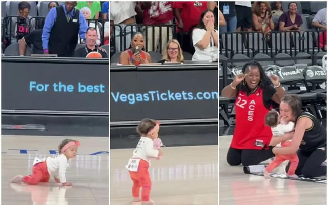 Lítil stúlka stal senunni í hálfleiksskemmtun WNBA í Las Vegas á dögunum.