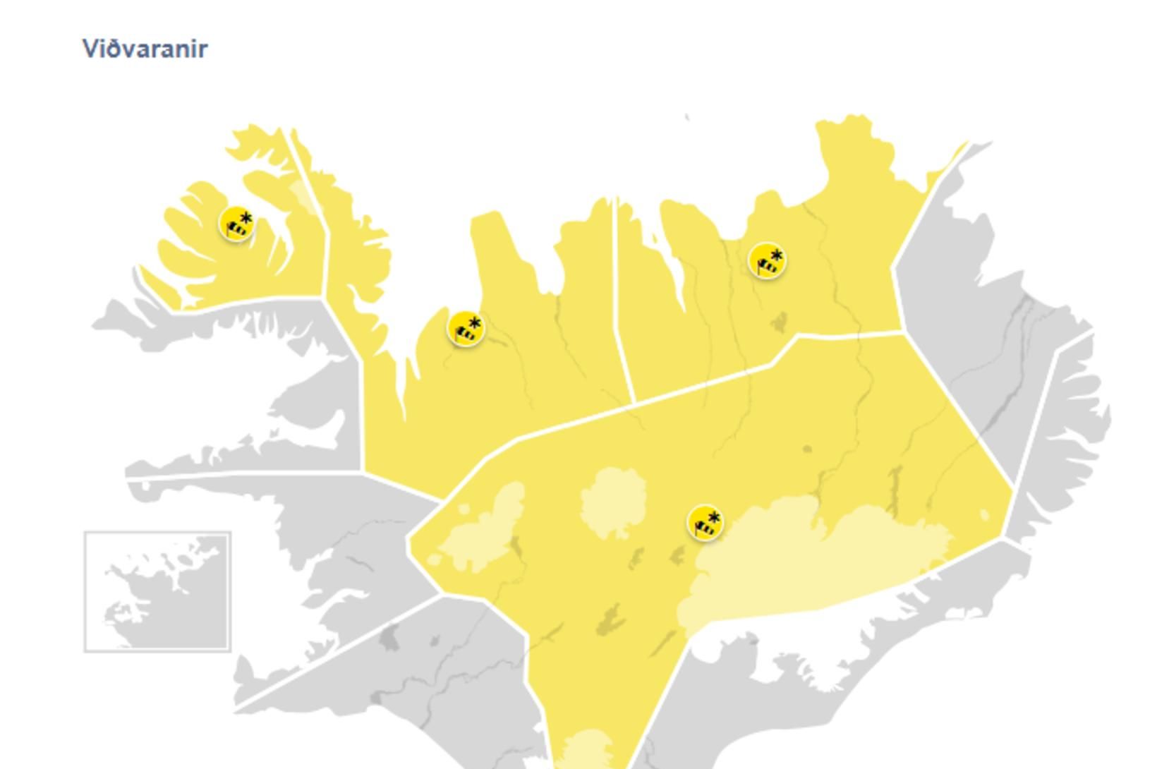 Gular veðurviðavaranir í gildi víða um land