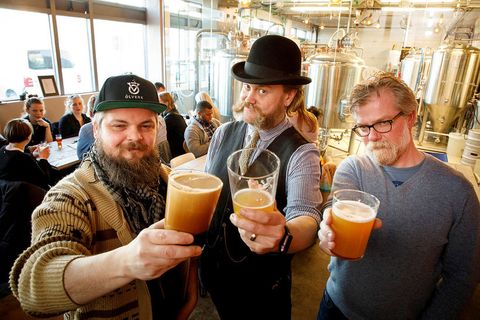 From RVK Brewing Co. From left:
Nonni Quest, barber, Valgeir Valgeirsson brewer, and Sig­urður Pét­ur Snorra­son, co-owner of RVK Brew­ing Co.