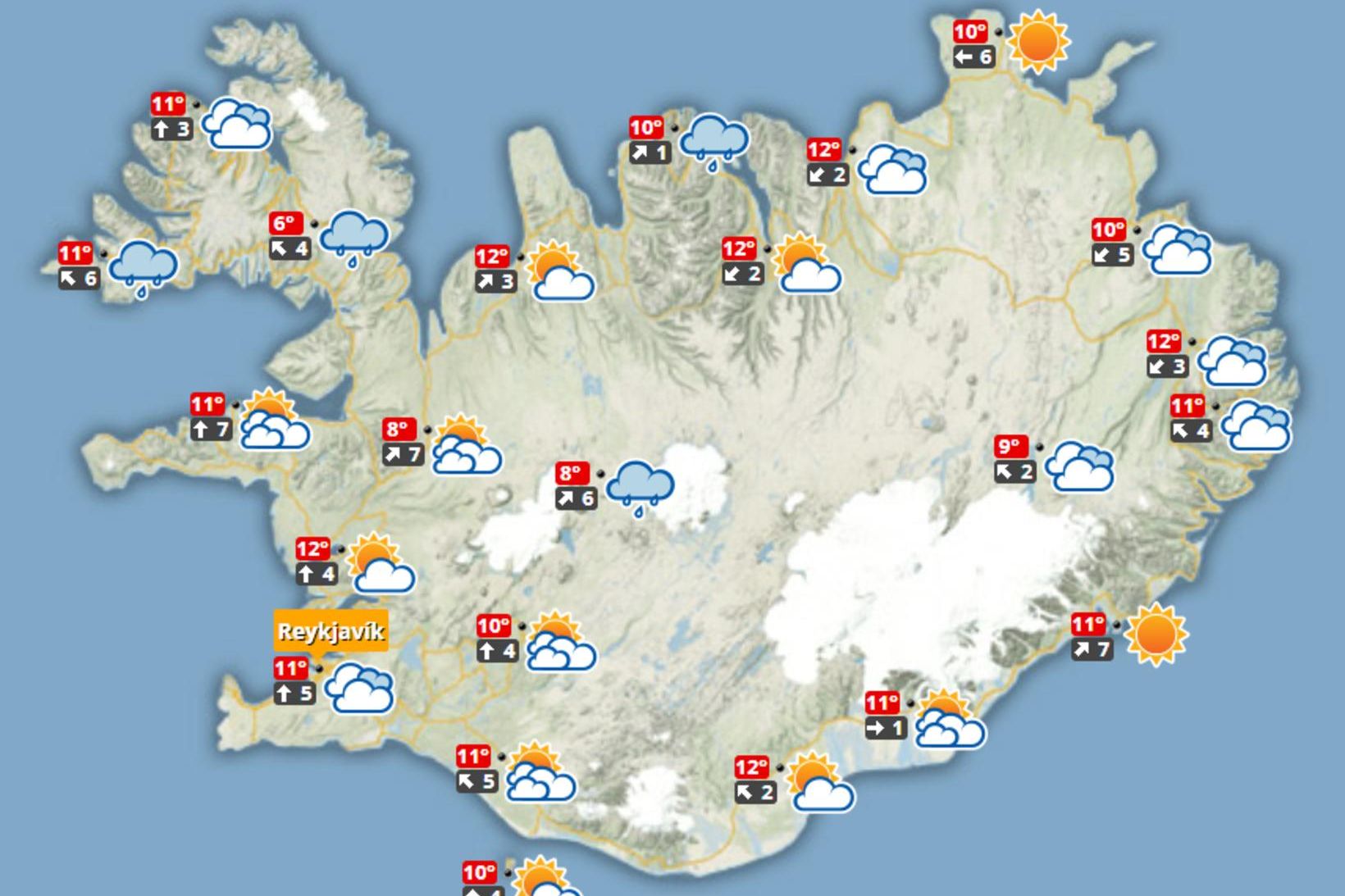 Spáð er 8 til 14 stiga hita í dag.