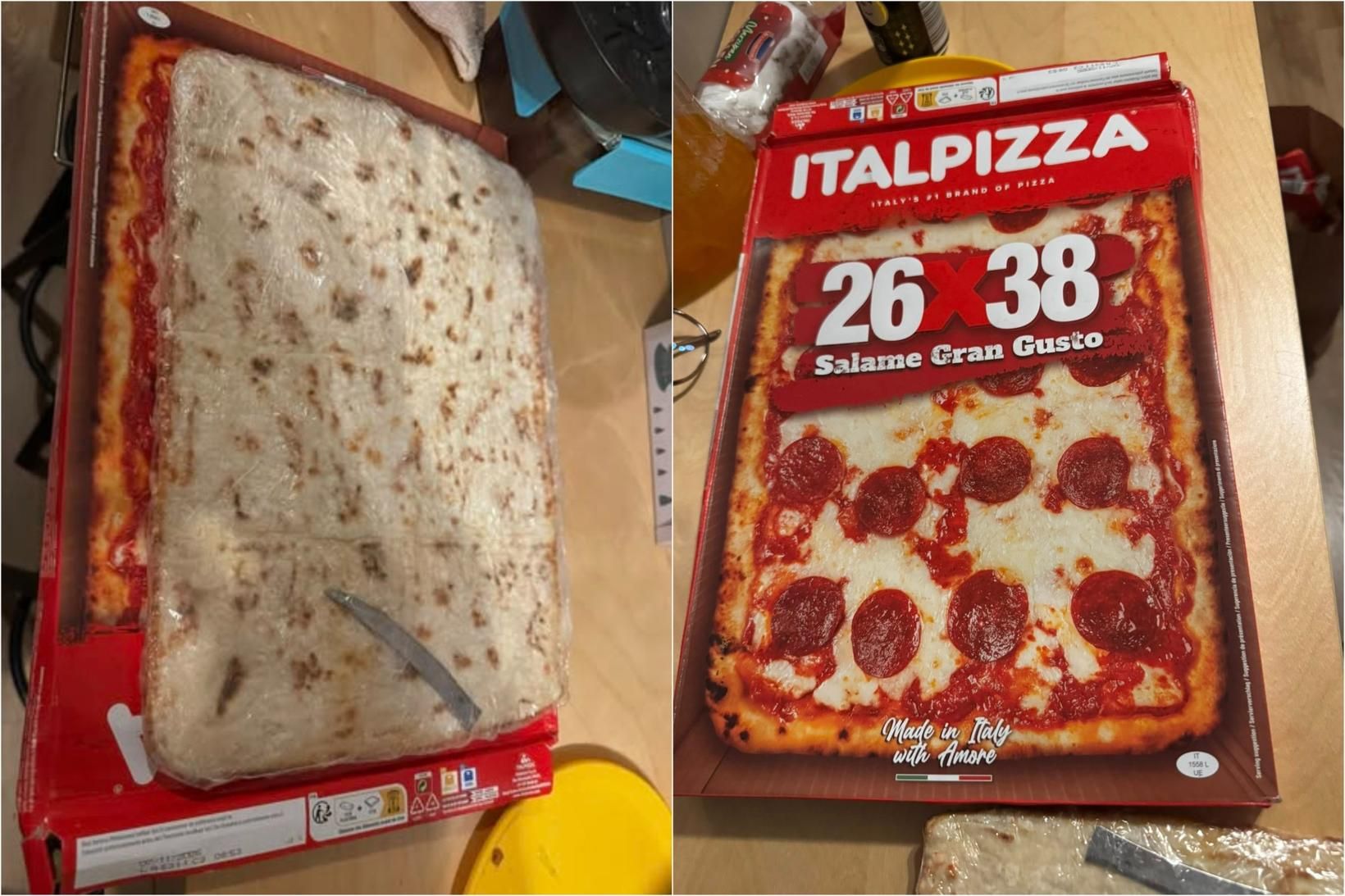 Fann hníf í pakkningu frosinnar pítsu