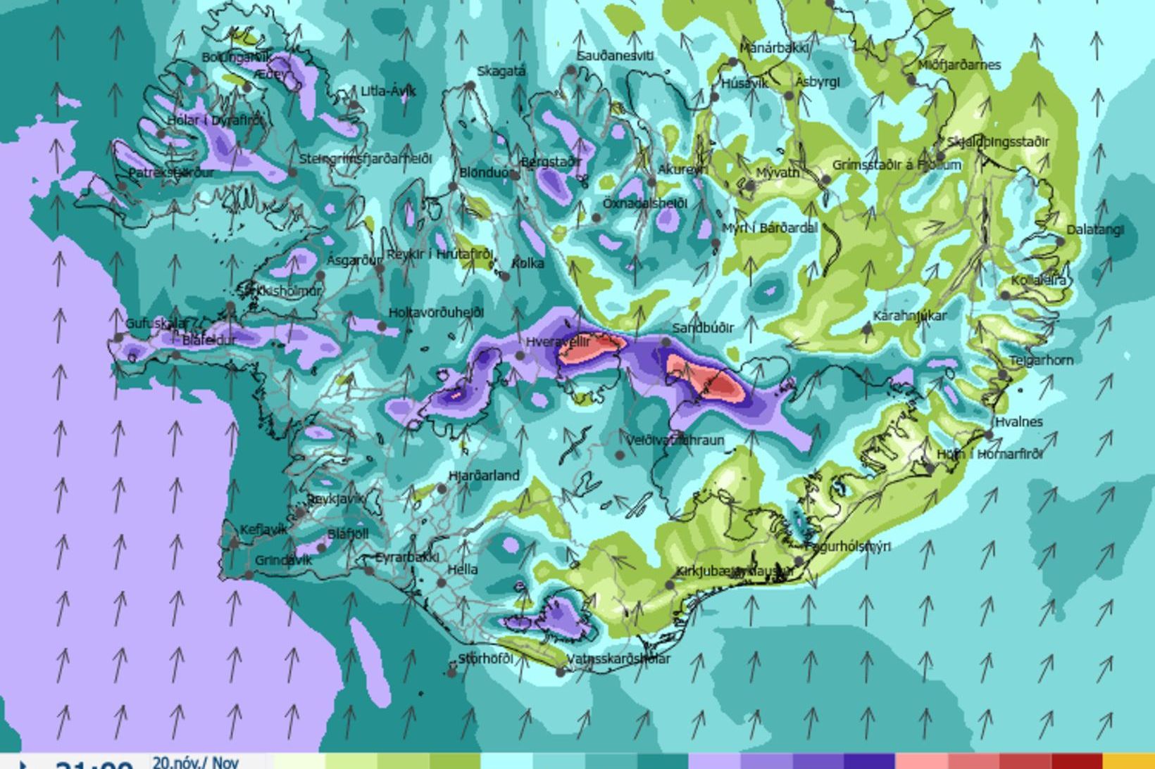 Vindspá Veðurstofunnar um klukkan 8 nú í kvöld.