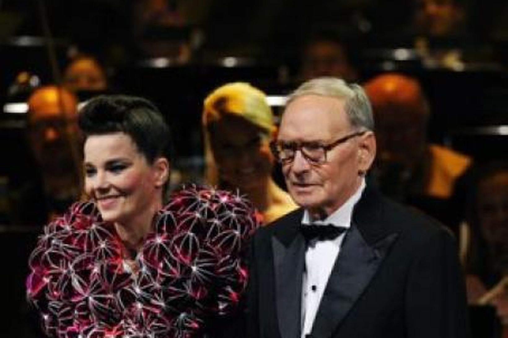 Björk Guðmundsdóttir og Ennio Morricone Í Stokkhólmi í vikunni.