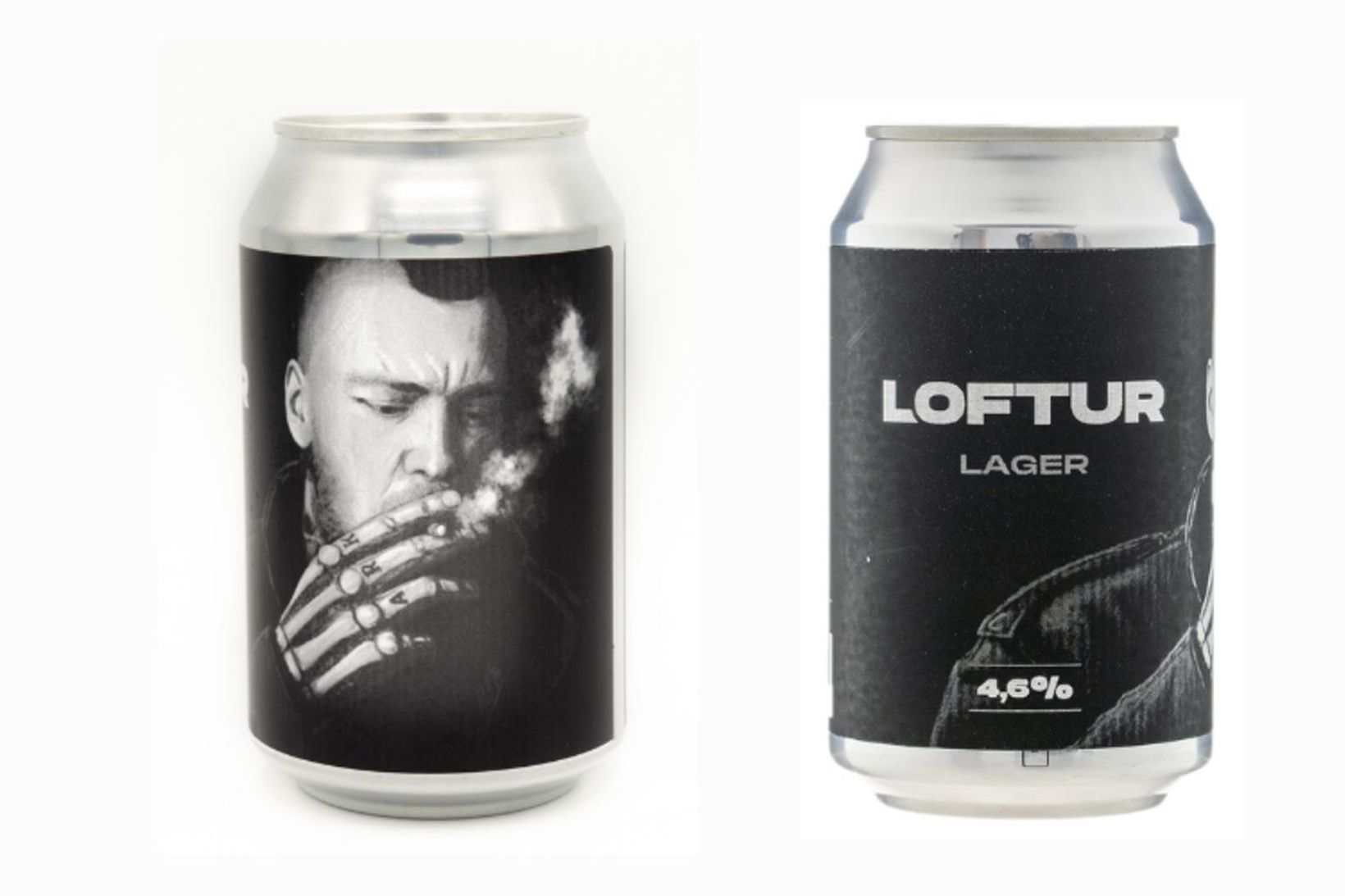 Bjórinn Loftur lager. Umbúðirnar sýna Loft Gunnarsson heitinn reykja sígarettu.