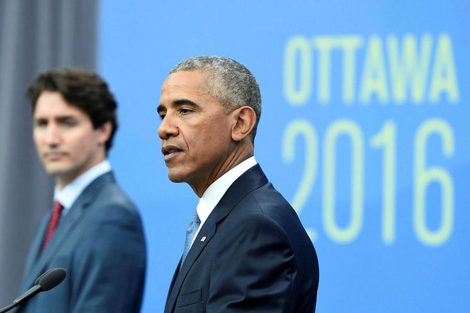 Barack Obama ásamt Justin Trudeau, forsætisráðherra Kanada, á leiðtogafundinum í …