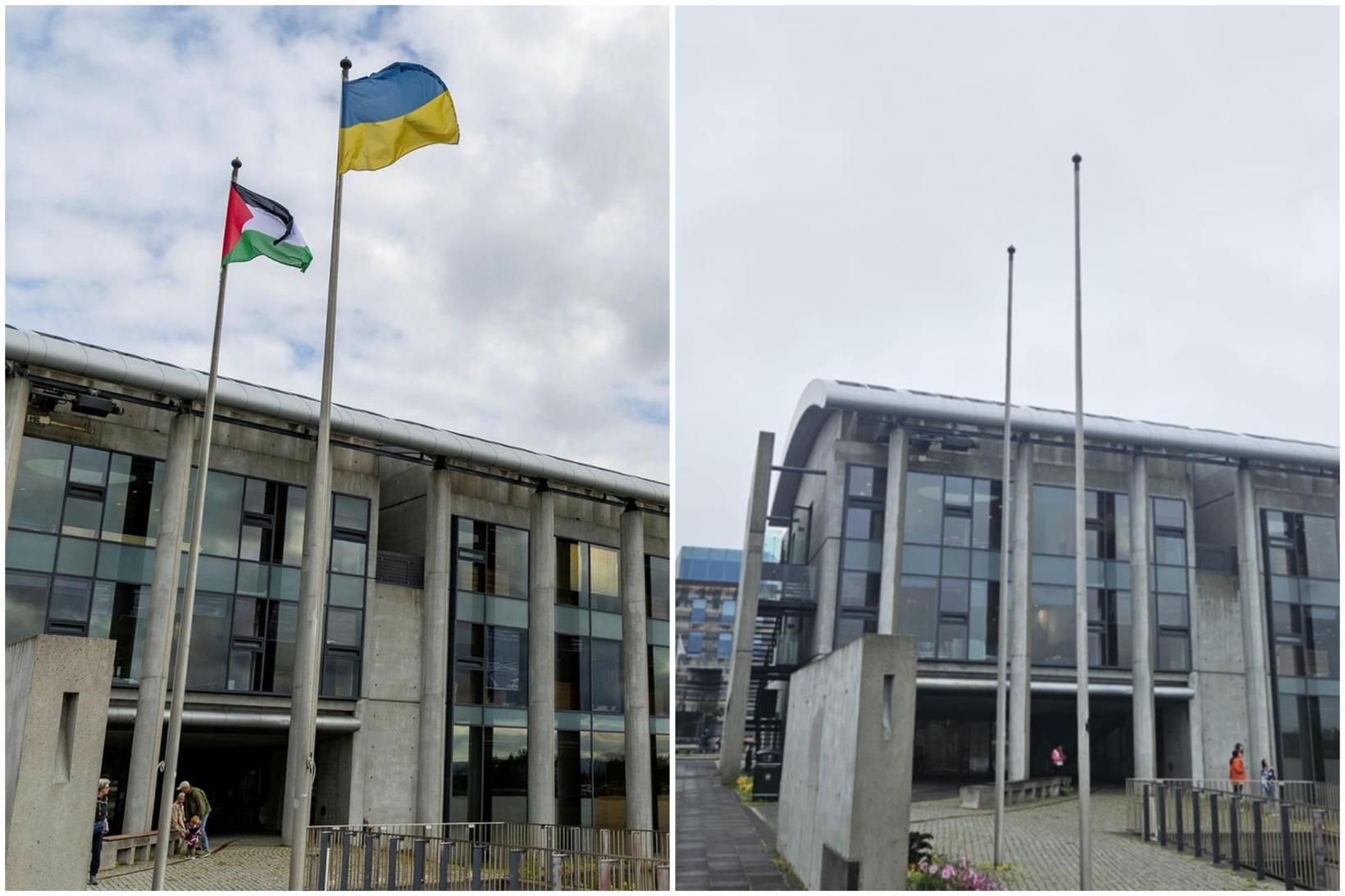 Fánabönd voru skorin á fánum Úkraínu og Palestínu. Myndin vinstra …