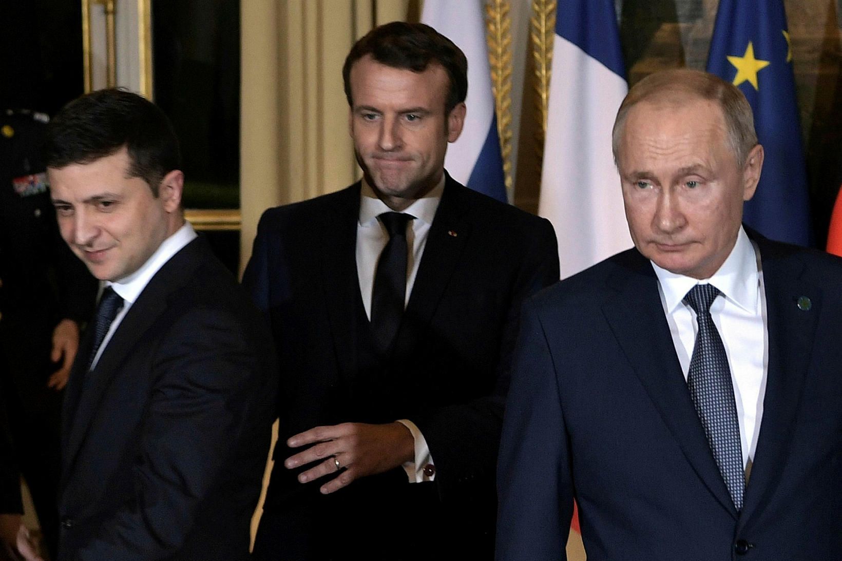 Frá vinstri: Volodymyr Zelensky, Emmanuel Macron og Pútín í París.