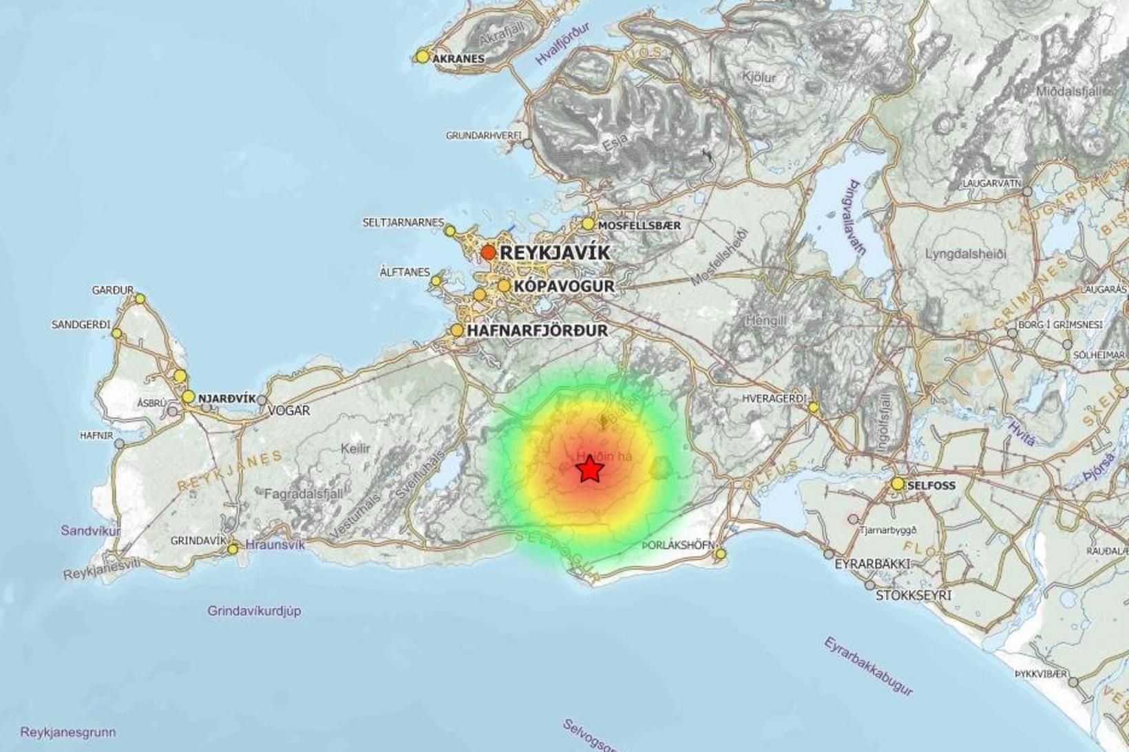 Hér má sjá hvar skjálftinn mældist í morgun.
