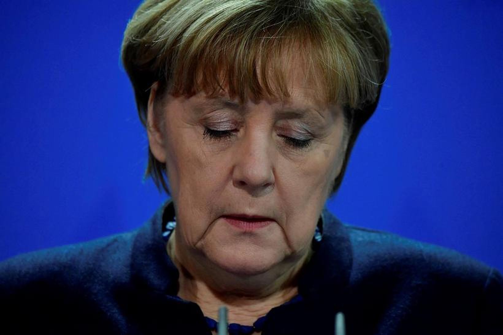 Kanslari Þýskalands, Angela Merkel, á blaðamannafundi í Berlín í dag.