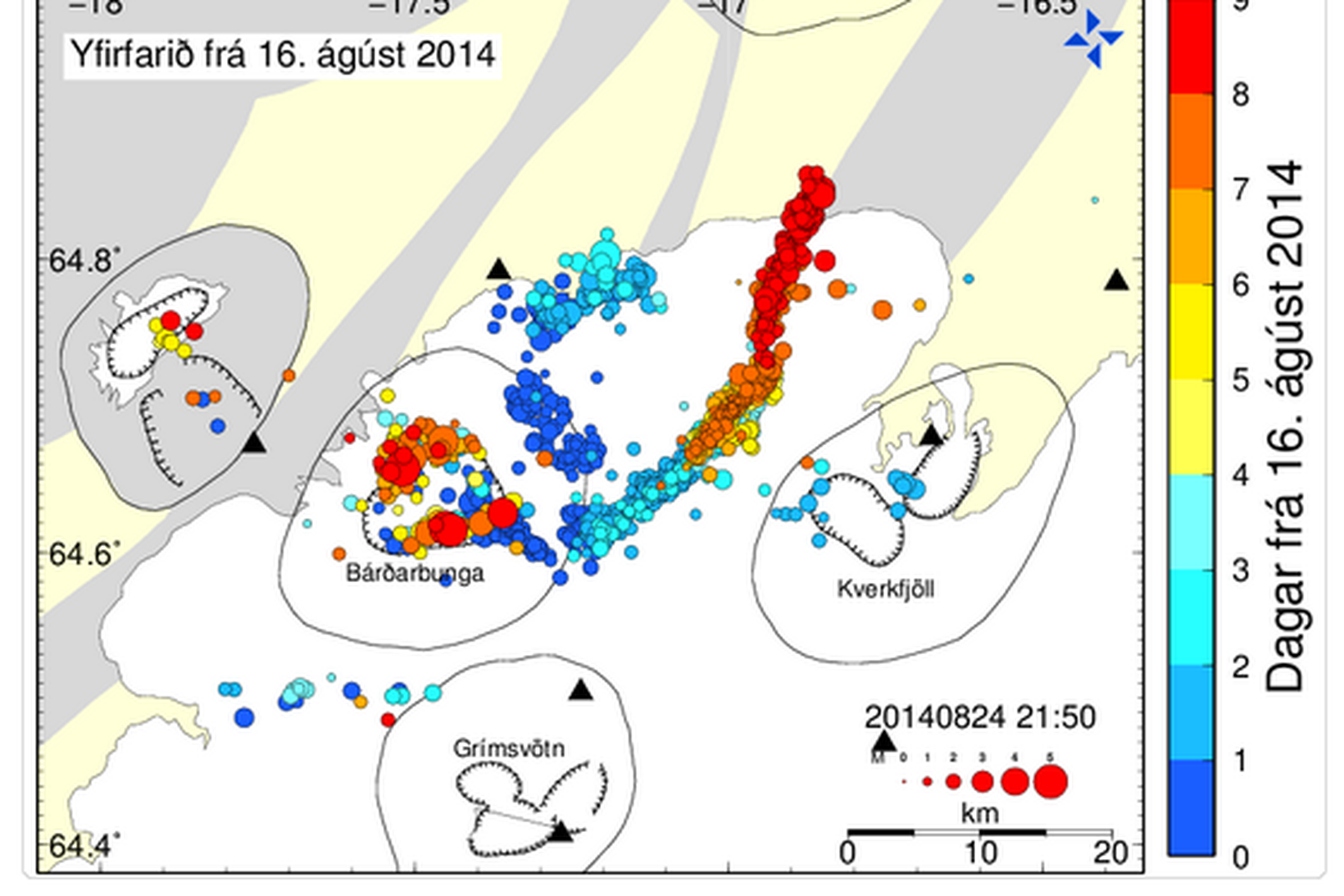 Earthquakes since August 16th. The red dots represent the latest …