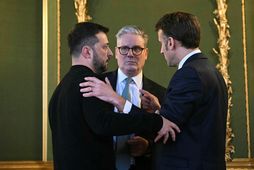 Volodimír Selenskí Úkraínuforseti, Keir Starmer, forsætisráðherra Bretlands og Emmanuel Macron Frakklandsforseti.