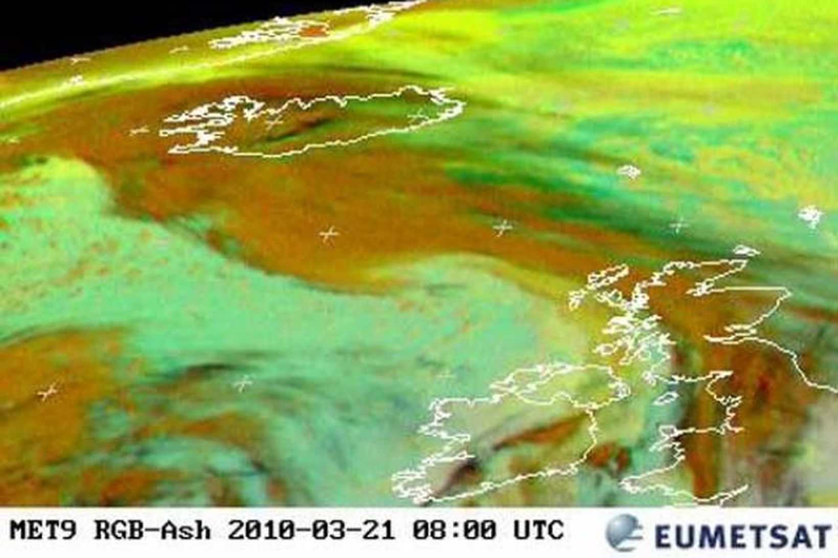 Gosmökkurinn sést, svartur yfir miðju Íslands, á gervihnattarmynd frá Eumetsat.