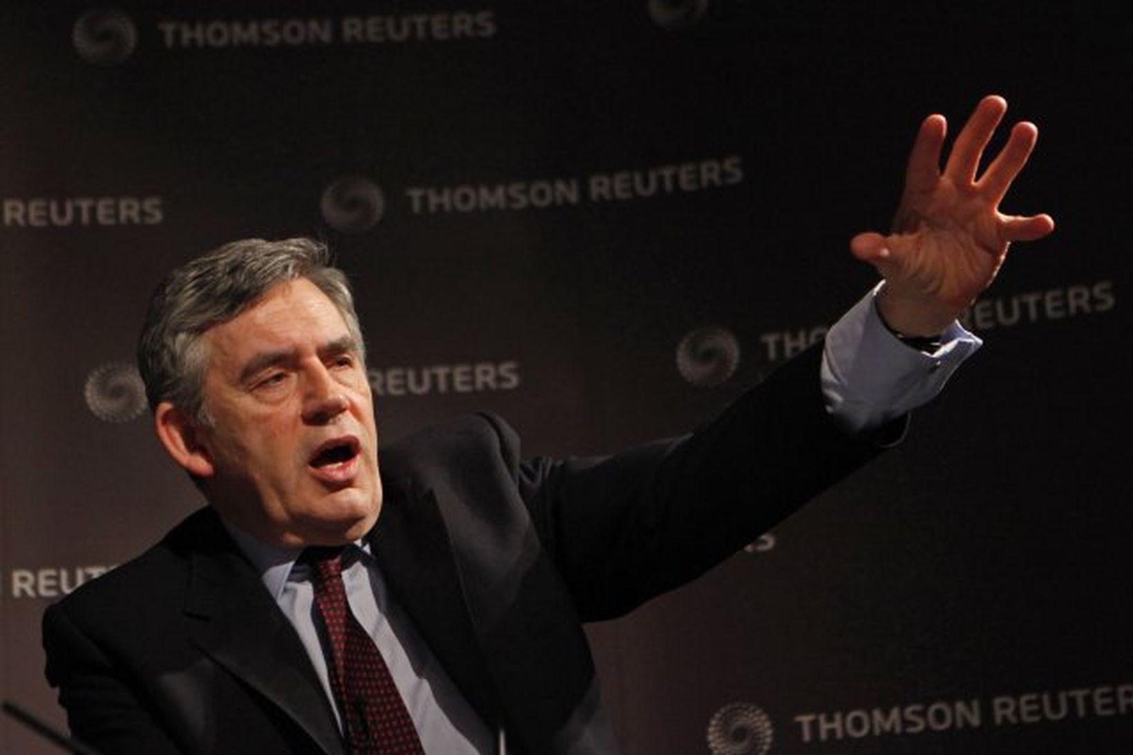 Gordon Brown, forsætisráðherra Bretlands, flutti ræðu í húsnæði Thomson Reuters …