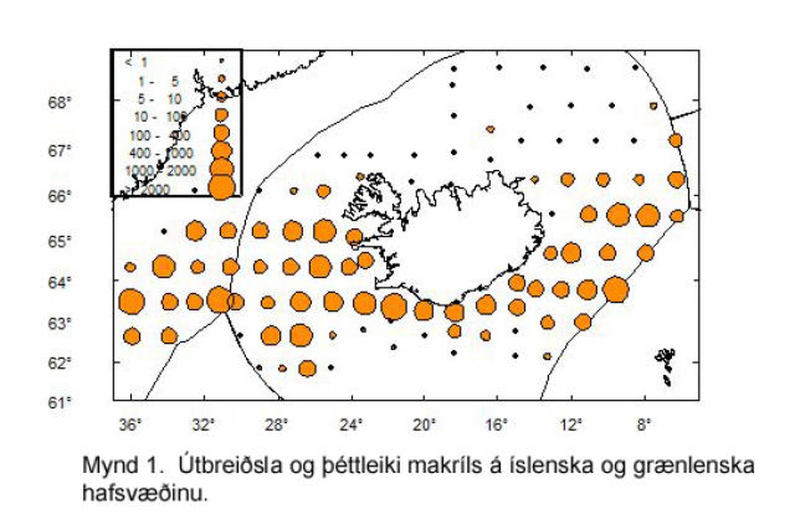 Útbreiðsla og þéttleiki makríls á íslenska og grænlenska hafsvæðinu.