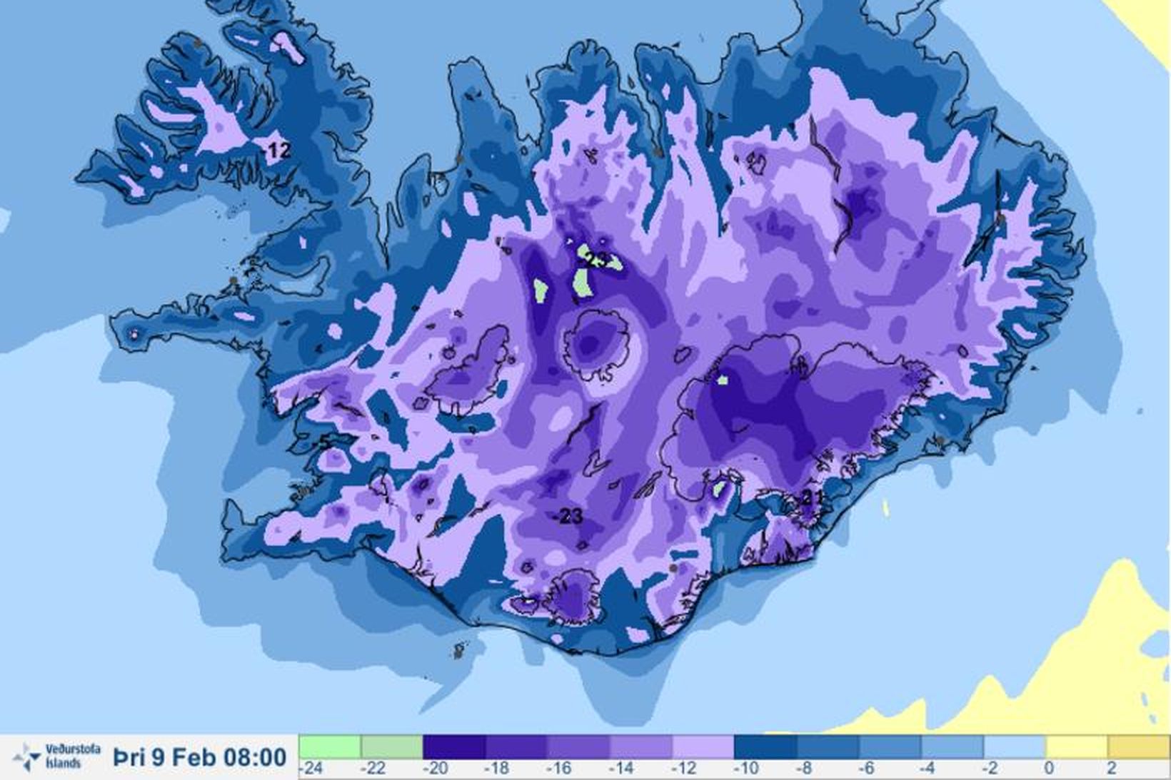 Hitaspá kl. 8 í fyrramálið.