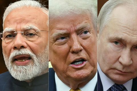 Samsett mynd af Narendra Modi, forsætisráðherra Indlands, Donald Trump og Vladimír Pútín Rússlandsforseta.