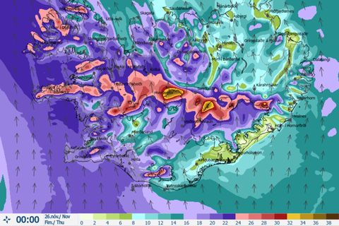 Wind speeds forecast at midnight tonight.