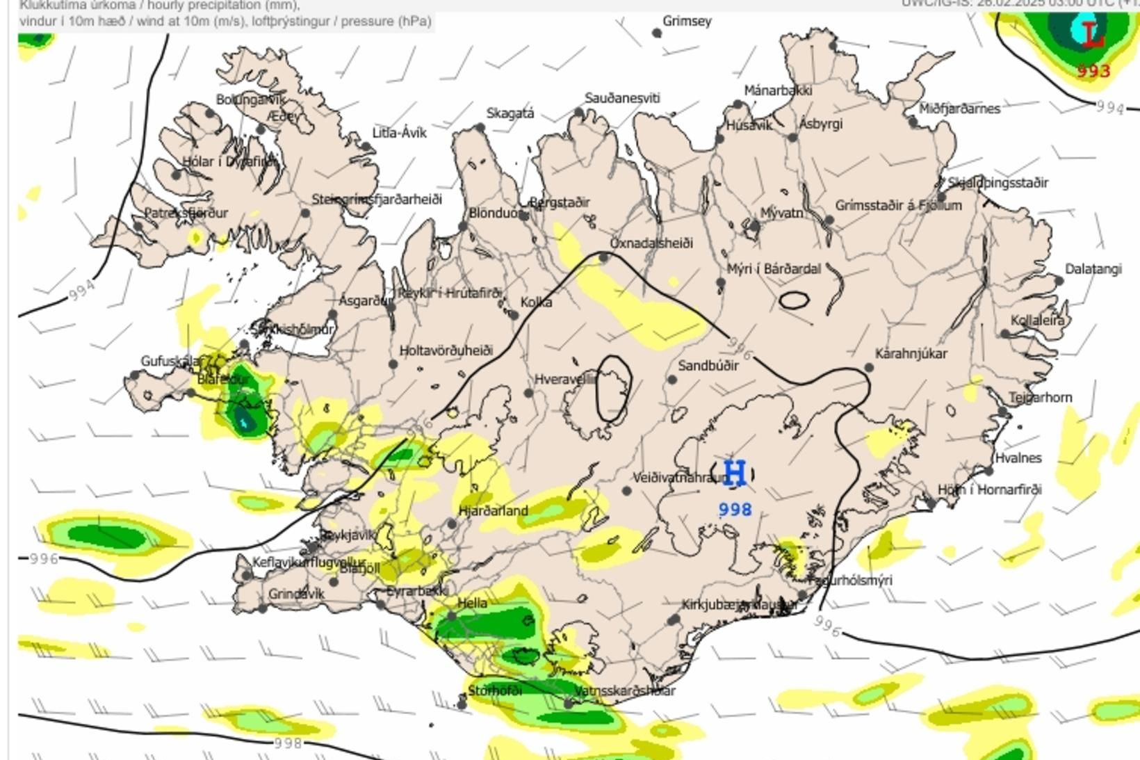 Úrkomuspá klukkan 12 á hádegi.