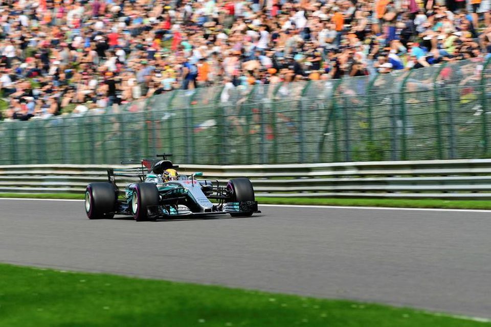 Lewis Hamilton á lokahringnum í tímatökunni í Spa þar sem hann vann sinn 68. ráspól …