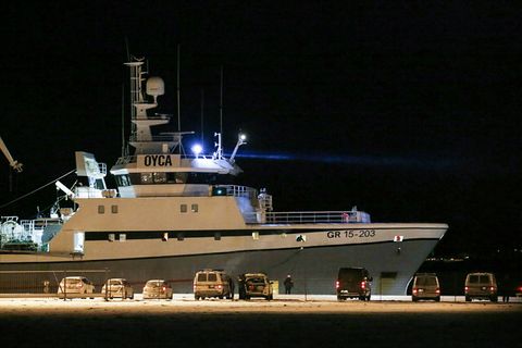 The Polar Nanoq arriving back at Hafnarfjörður harbour last night. Three crew members have been arrested.