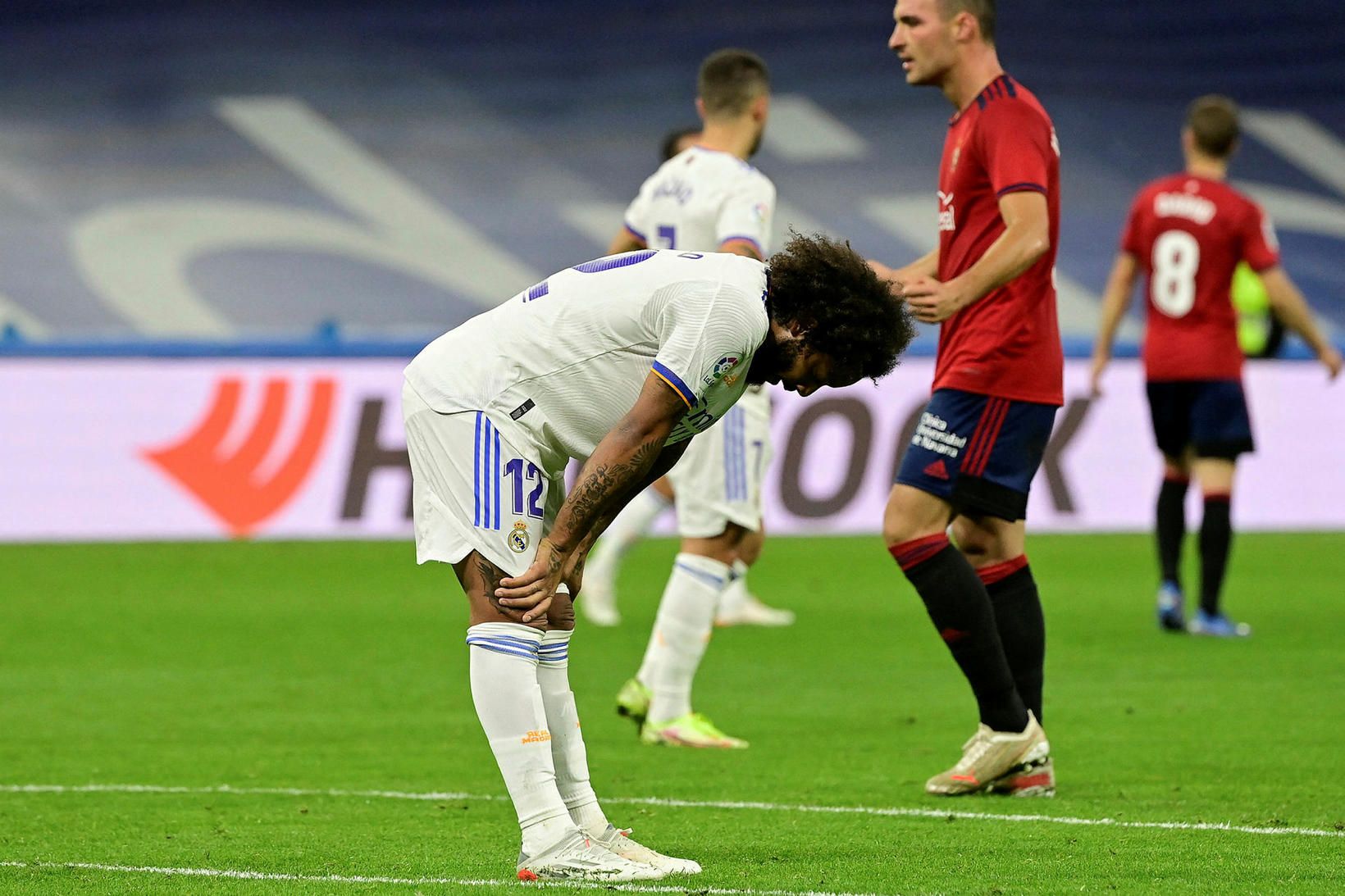 Marcelo, leikmaður Real Madríd, svekktur að loknu jafnteflinu í kvöld.