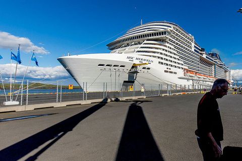 A large cruise ship in Sundahöfn port, Reykjavík.
