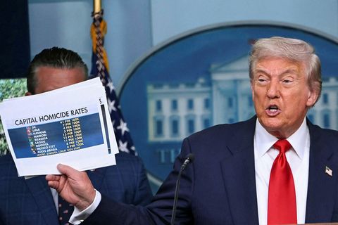 Donald Trump á blaðamannafundinum.