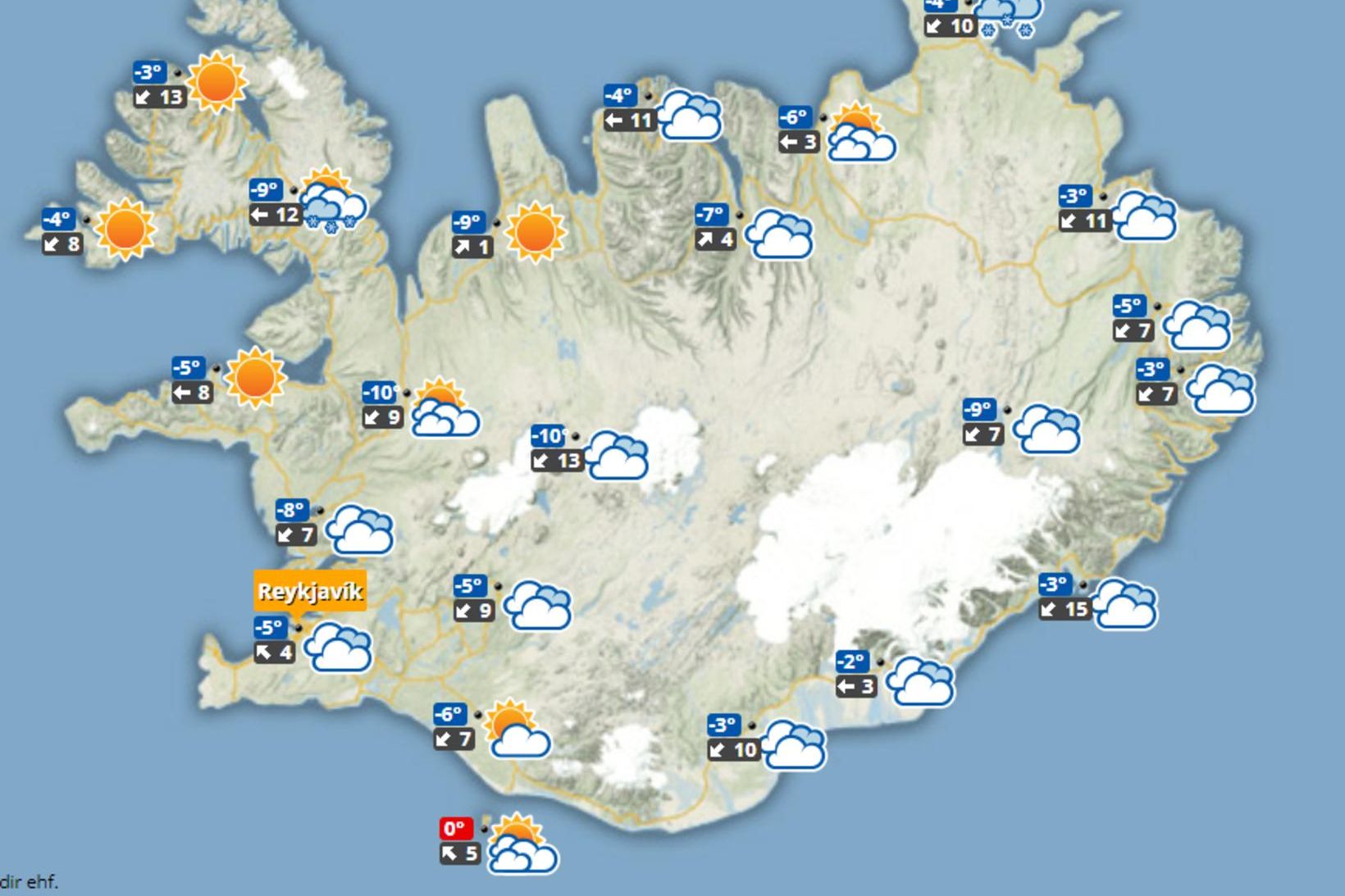 Bjart og kalt verður á landinu í dag.