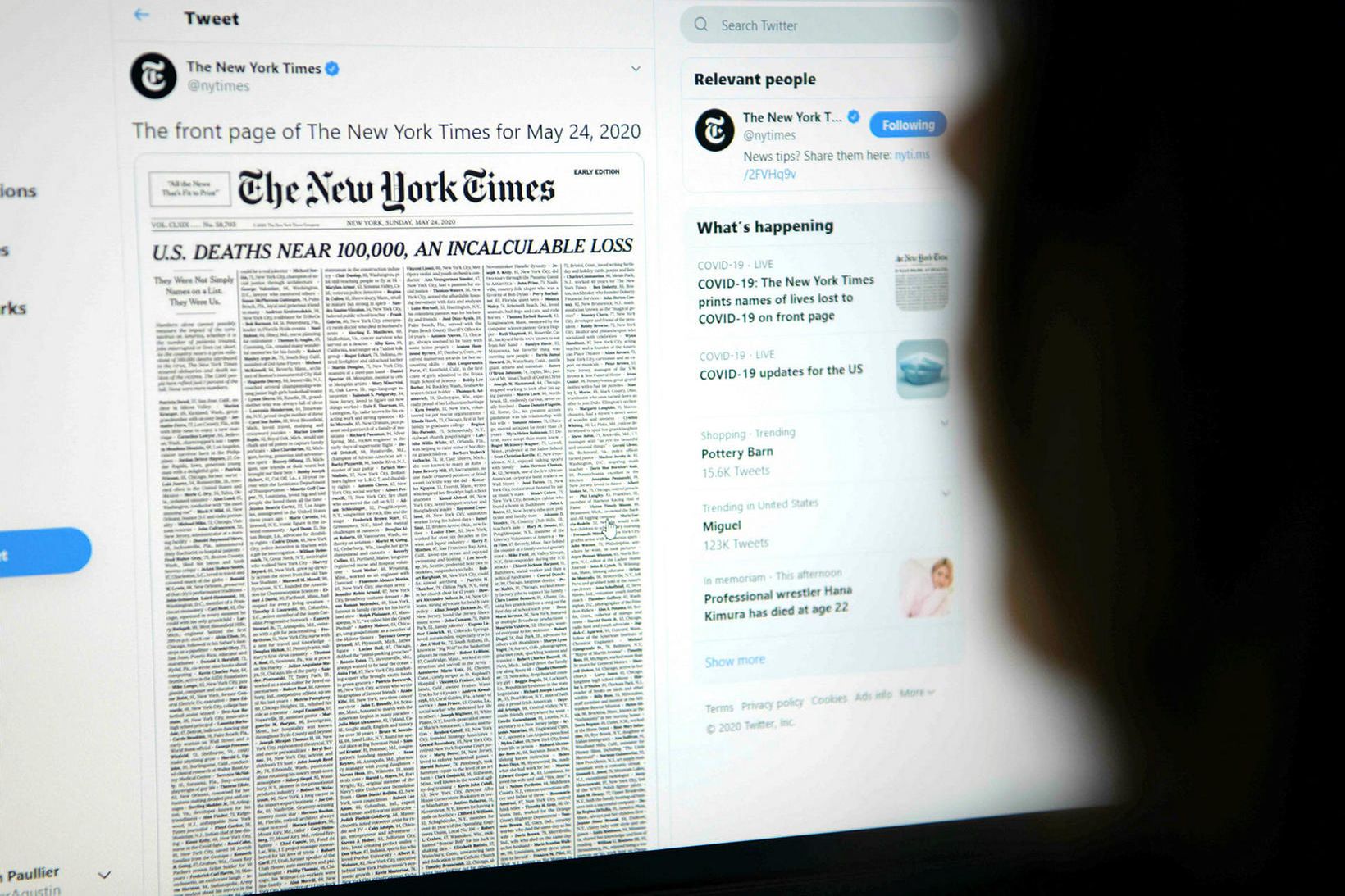 New York Times birti á forsíðu sinni lista yfir þúsund …