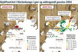 Samanburður á skjálftavirkni í gær og skjálftavirkni fyrir eldgosið 2014.